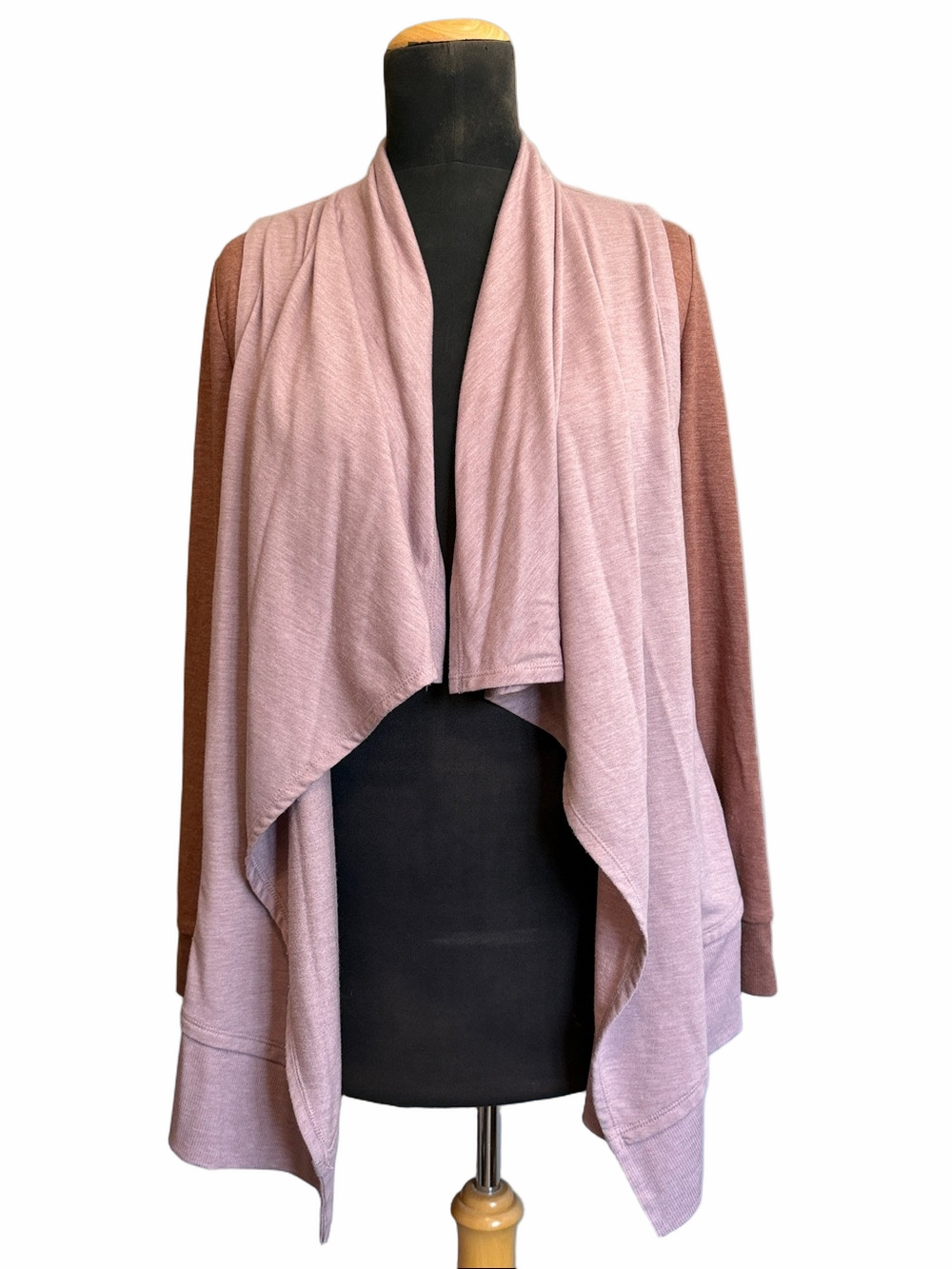 Women's Draped Open Front Cardigan / Sweater, Dusty Pink with Brownish Sleeves
